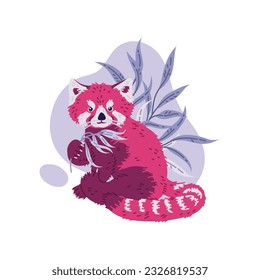 Cute red panda sitting and eating bamboo leaves. Cartoon flat vector illustration on white background. Wildlife nature concept. Funny childish character Chinese or Himalayan red or lesser panda animal