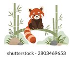 Cute Red Panda Sitting On Bamboo Branch