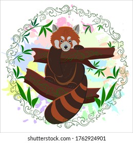 A cute red panda is sitting on a tree branch. A small panda in the background of colored spots in a watercolor style, surrounded by ornaments in Tibetan and Chinese style. Vector illustration