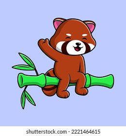 Cute Red Panda Sitting On Bamboo With Waving Hand Cartoon Vector Icons Illustration. Flat Cartoon Concept. Suitable for any creative project.