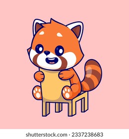 Cute Red Panda Sitting on Chair Cartoon Vector Icon Illustration. Animal Nature Icon Concept Isolated Premium Vector. Flat Cartoon Style