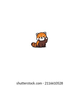 Cute red panda sitting and waving paw cartoon icon, vector illustration