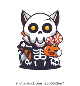 Cute red panda with skeleton costume holding halloween pumpkin. Cute halloween cartoon illustration. 