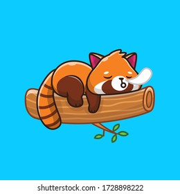 Cute Red Panda Sleeping On Wood Vector Icon Illustration. Animal Icon Concept Isolated Premium Vector. Flat Cartoon Style 