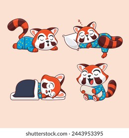 Cute Red Panda Sleeping On Different Positions Vector Illustration 