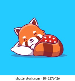 Cute Red Panda Sleeping With Pillow Cartoon Vector Icon Illustration. Animal Nature Icon Concept Isolated Premium Vector. Flat Cartoon Style