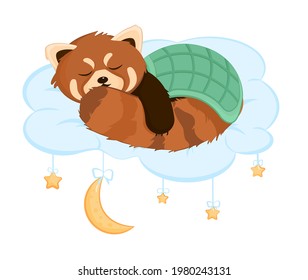 A cute red panda sleeps on the cloud. Moon and stars. Nursery Vector illustration in cartoon style. For baby room, baby shower, greeting card. Hand-drawn nursery. 
