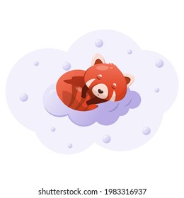 Cute red panda sleeps on a cloud. Children's animal illustration.