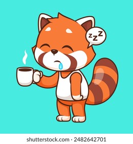 Cute Red Panda Sleepy Holding Coffee Cartoon Vector Icon Illustration. Animal Drink Icon Concept Isolated Premium Vector. Flat Cartoon Style