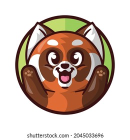 A CUTE RED PANDA IS SMILING AND RAISING UP HIS HANDS. CARTOON MASCOT.