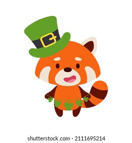 Cute red panda in St. Patrick's Day leprechaun hat holds shamrocks. Irish holiday folklore theme. Cartoon design for cards, decor, shirt, invitation. Vector stock illustration.