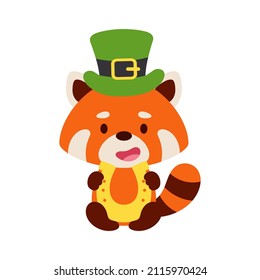 Cute red panda St. Patrick's Day leprechaun hat holds horseshoe. Irish holiday folklore theme. Cartoon design for cards, decor, shirt, invitation. Vector stock illustration.