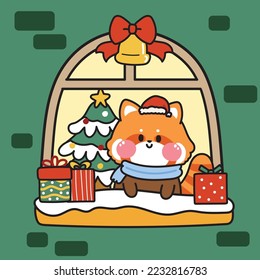 Cute red panda stay in roon open window.Christmas tree and gift.Winter season.Animal character design.Kid graphic hand drawn.Kawaii.Vector.Illustration.