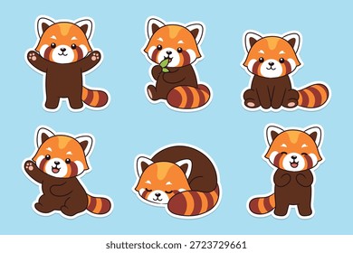 Pacote de adesivo panda vermelho bonito. Ilustração de vetor plano, eps 10.