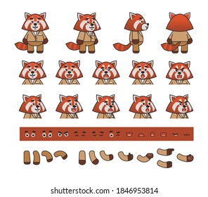 Cute red panda in suit creation kit. Create your own animation, action, pose. Vector illustration bundle