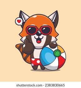 Cute red panda in sunglasses with beach ball cartoon illustration. Cute summer cartoon illustration. 