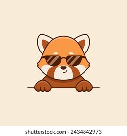 Cute red panda in sunglasses in cartoon style. Vector flat illustration