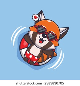 Cute red panda in sunglasses float with buoy. Cute summer cartoon illustration. 