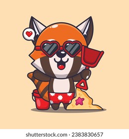 Cute red panda in sunglasses play sand beach cartoon illustration. Cute summer cartoon illustration. 