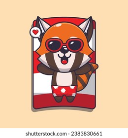 Cute red panda with sunglasses sleep on beach. Cute summer cartoon illustration. 