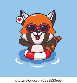 Cute red panda in sunglasses swimming on beach. Cute summer cartoon illustration. 