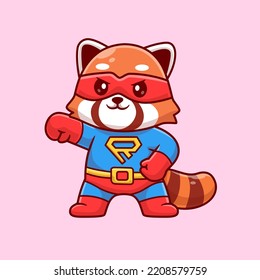 Cute Red Panda Super Hero Cartoon Vector Icon Illustration. Animal Holiday Icon Concept Isolated Premium Vector. Flat Cartoon Style