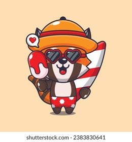 Cute red panda with surfboard holding ice cartoon illustration. Cute summer cartoon illustration. 