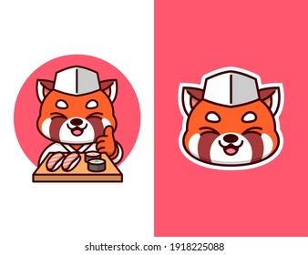CUTE RED PANDA IN SUSHI MASTER OUTFIT HOLDING SUSHIES. SUITABLE FOR FOOD BUSINESS AND COMPANY LOGO.