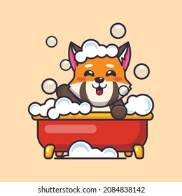 Cute red panda taking bubble bath in bathtub. Cute cartoon animal illustration.