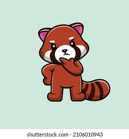 Cute Red Panda Thinking Seriuous Cartoon Vector Icon Illustration. Animal Icon Concept Isolated Premium Vector. Flat Cartoon Style