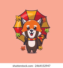 Cute red panda with umbrella at autumn season. Mascot cartoon vector illustration suitable for poster, brochure, web, mascot, sticker, logo and icon.