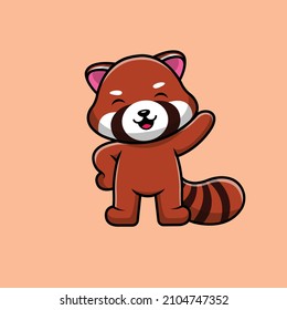 Cute Red Panda Waving Hand Cartoon Vector Icon Illustration. Animal Icon Concept Isolated Premium Vector. Flat Cartoon Style