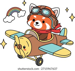 A cute red panda wearing goggles flying a vintage propeller plane with rainbow and stars. High quality kawaii vector illustration for stickers, nursery decor, and kids apparel.
