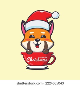 Cute red panda wearing santa hat in cup. Cute christmas cartoon illustration. 