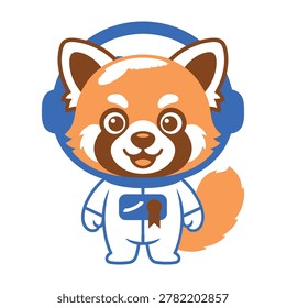 Cute red panda wearing white astronaut suit and blue headphones smiling