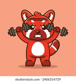 Cute Red Panda Weight Lifting Sports Vector Cartoon Illustration