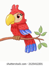 cute red parrot cartoon image perched on a branch
