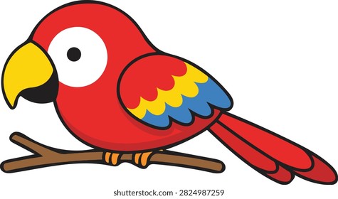 Cute red parrot with yellow beak perched on a branch, adorable cartoon