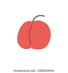 Cute red peach doodle style. Smile simple fruit for card, print, banner, poster, template. Cartoon funny character for children. Hand drawn illustration isolated on white background.