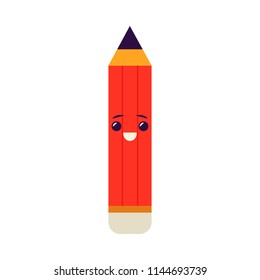 Cute red pencil character with eraser smiling. Happy humanized education and back to school symbols with facial emotions. Vector isolated illustration