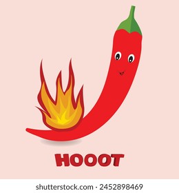 Niedliche rote Paprika-Figur mit einer Flamme und dem Wort Hoot