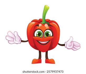 Cute red pepper character with open arms, welcoming and cheerful. Vector cartoon illustration