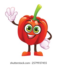 Cute red pepper character waving happily. Vector cartoon illustration