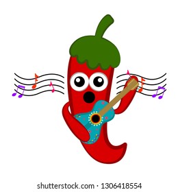 Cute red pepper singing with a guitar. Vector illustration design