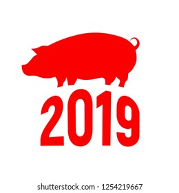 Cute red pig. Happy New Year. Chinese symbol of the 2019 year. Excellent festive gift card. Vector illustration on white background.