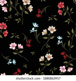 cute red pink blue and cream small vector flowers with leaves pattern on black background