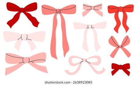 Cute red and pink bow set. Fashionable various bows, gift ribbons. Bowknots for gift wrapping. Hair accessory. Hand drawn flat vector illustration isolated on white background
