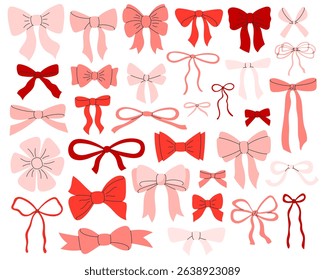 Cute red and pink bow set. Fashionable various bows, gift ribbons. Bowknots for gift wrapping. Hair accessory. Hand drawn flat vector illustration isolated on white background
