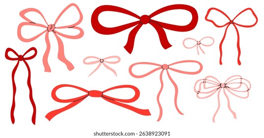 Cute red and pink bow set. Fashionable various bows, gift ribbons. Bowknots for gift wrapping. Hair accessory. Hand drawn flat vector illustration isolated on white background