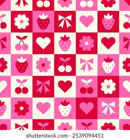 Cute red and pink geometric symbols with seamless square pattern design for valentine’s day.
